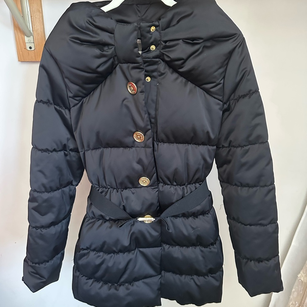 Kate Spade Black Puffer Coat with Gold Buttons, Belt and Bow Detail